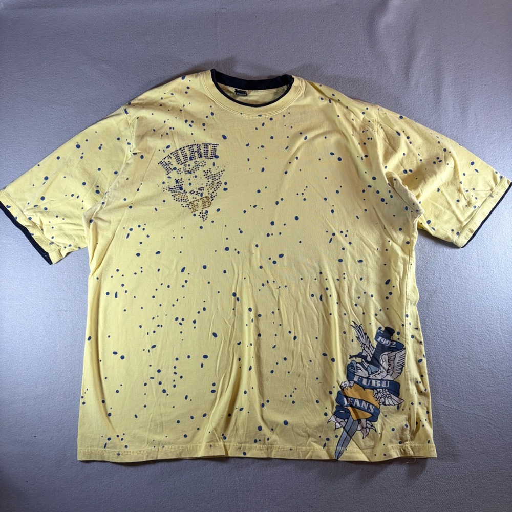 FUBU The Collection Mens XXXL‎ Yellow Paint Splatter Rhinestone Graphic T-Shirt